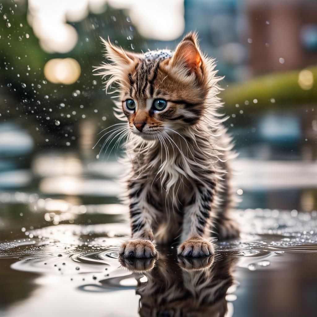 Kitten Playing in Rainy Park: Hyperrealistic Digital Art