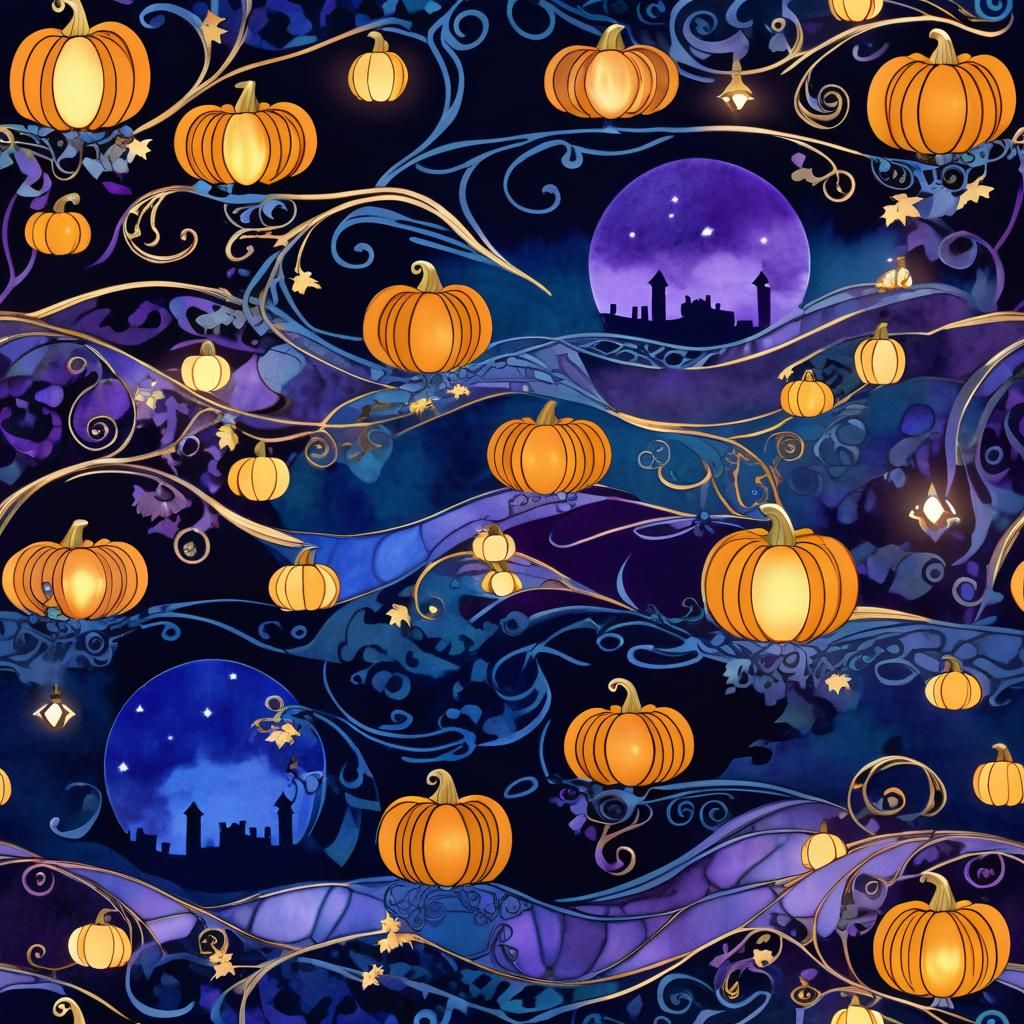 Ethereal Pumpkin Lanterns in Art Nouveau Style