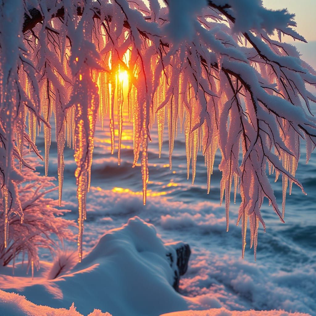 Serene Wintry Coastal Scene in a Vibrant, 8k Matte Painting...