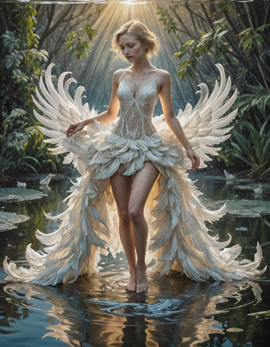 Surreal Oil Painting of a Feather on Rippling Water