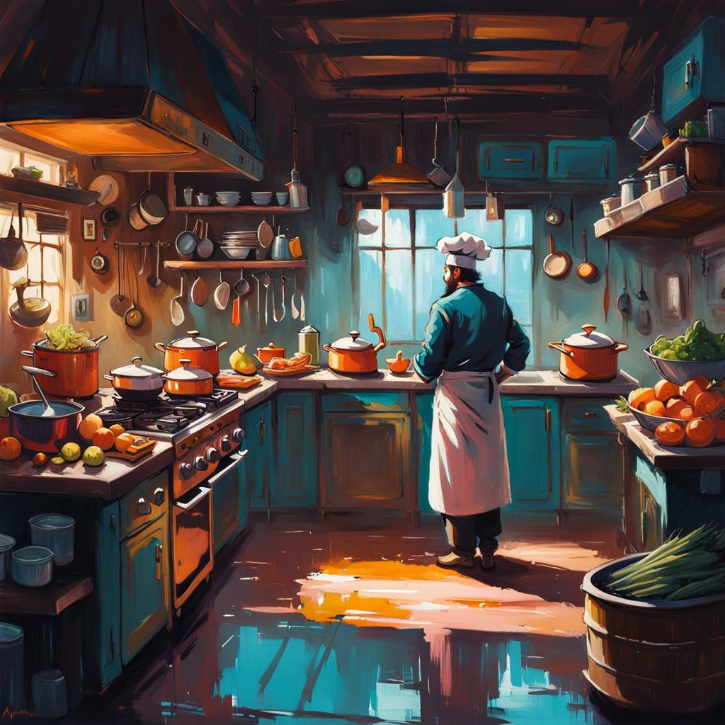 Mythical Chef in Solarpunk Kitchen, Gouache Style