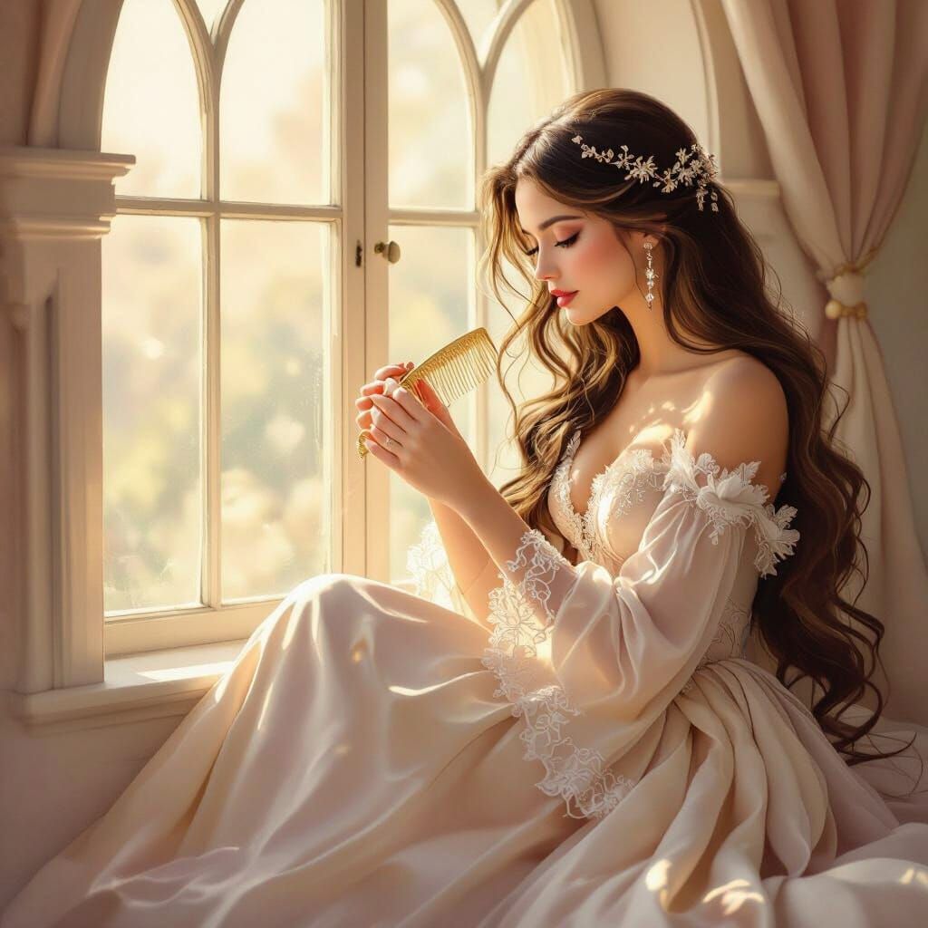 Princess Combing Hair in Sunlight, Fairytale Dreamscape