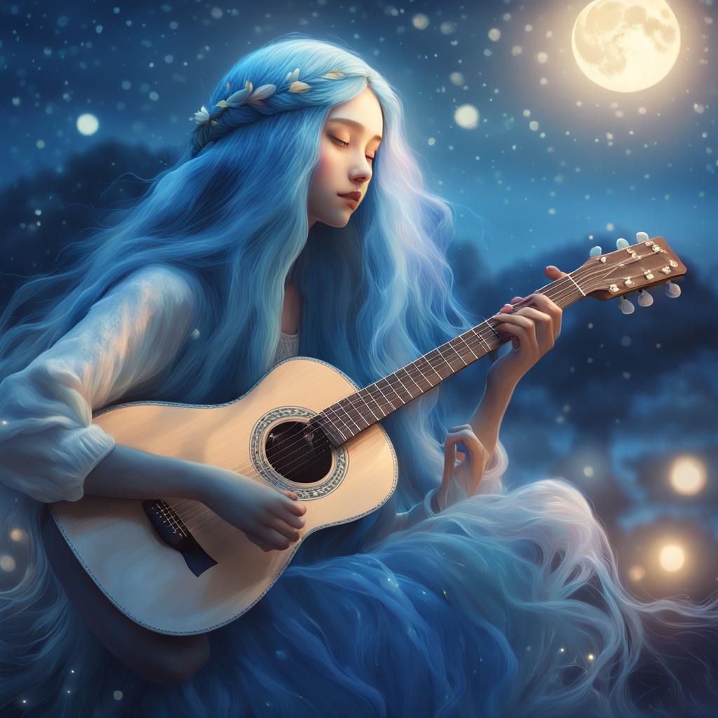 Girl with Blue Hair Playing Guitar: Surreal Digital Art