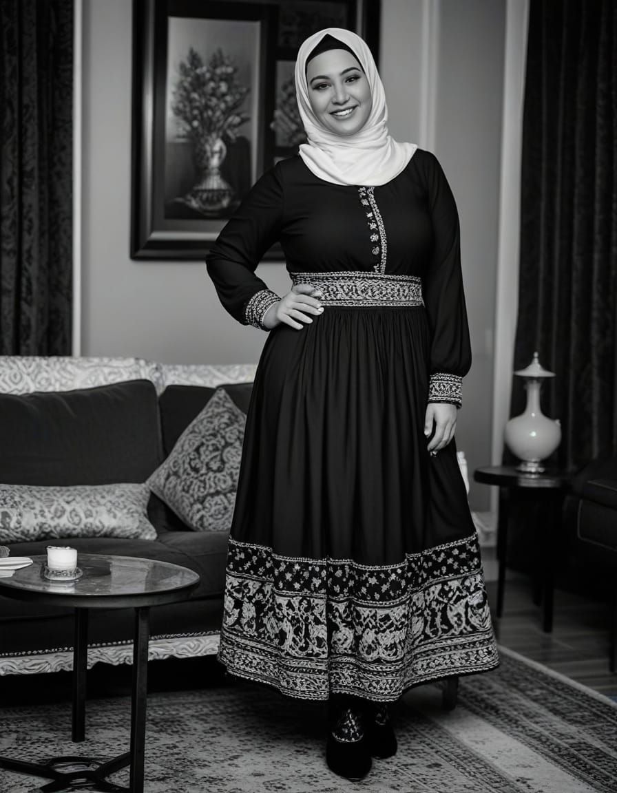Vintage Curvy Woman in Hijab, Elegant Black Dress
