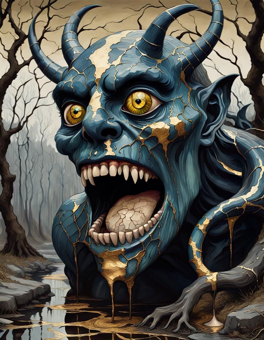 Expressionist Dark Fantasy Monster Utopia in Kintsugi Style