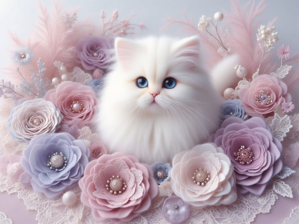 Fluffy Persian Cat on Vintage Lace Card