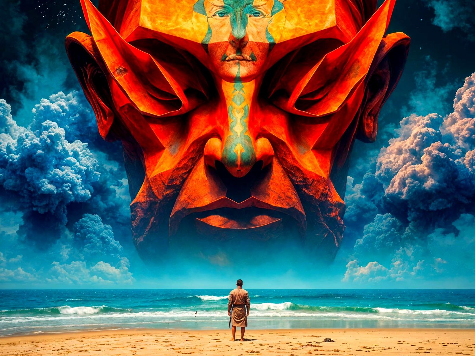 Surreal Origami Monk Faces the Unseen