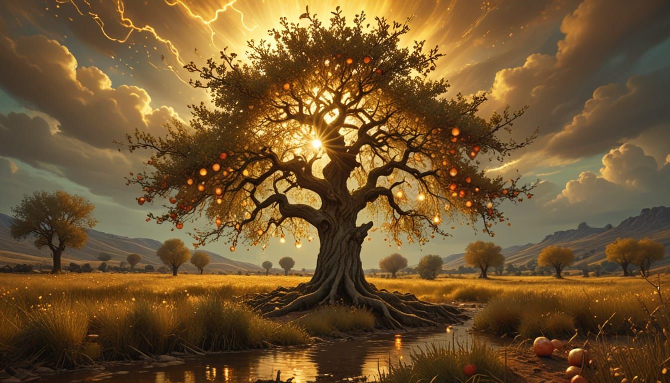 Glowing Apple Tree in Barren Landscape, Van Gogh Style