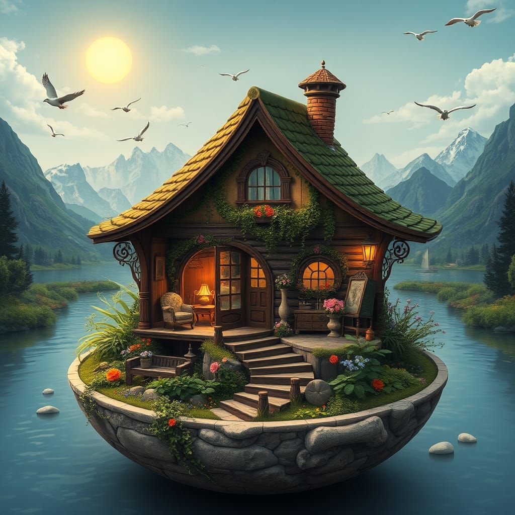 Dreamlike Miniature Hut in a Bowl, Fantasy Concept Art