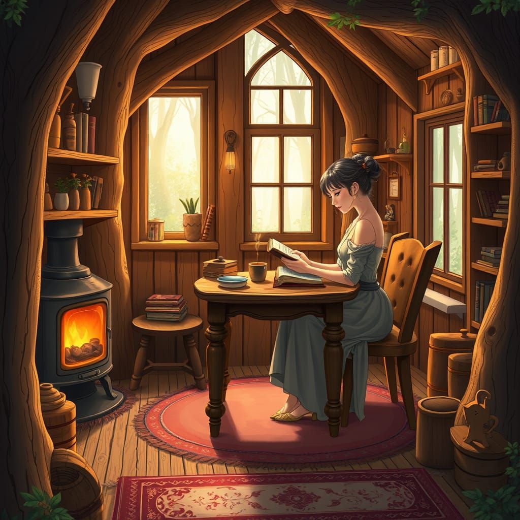 Serene Woman Reading in Cozy Treehouse