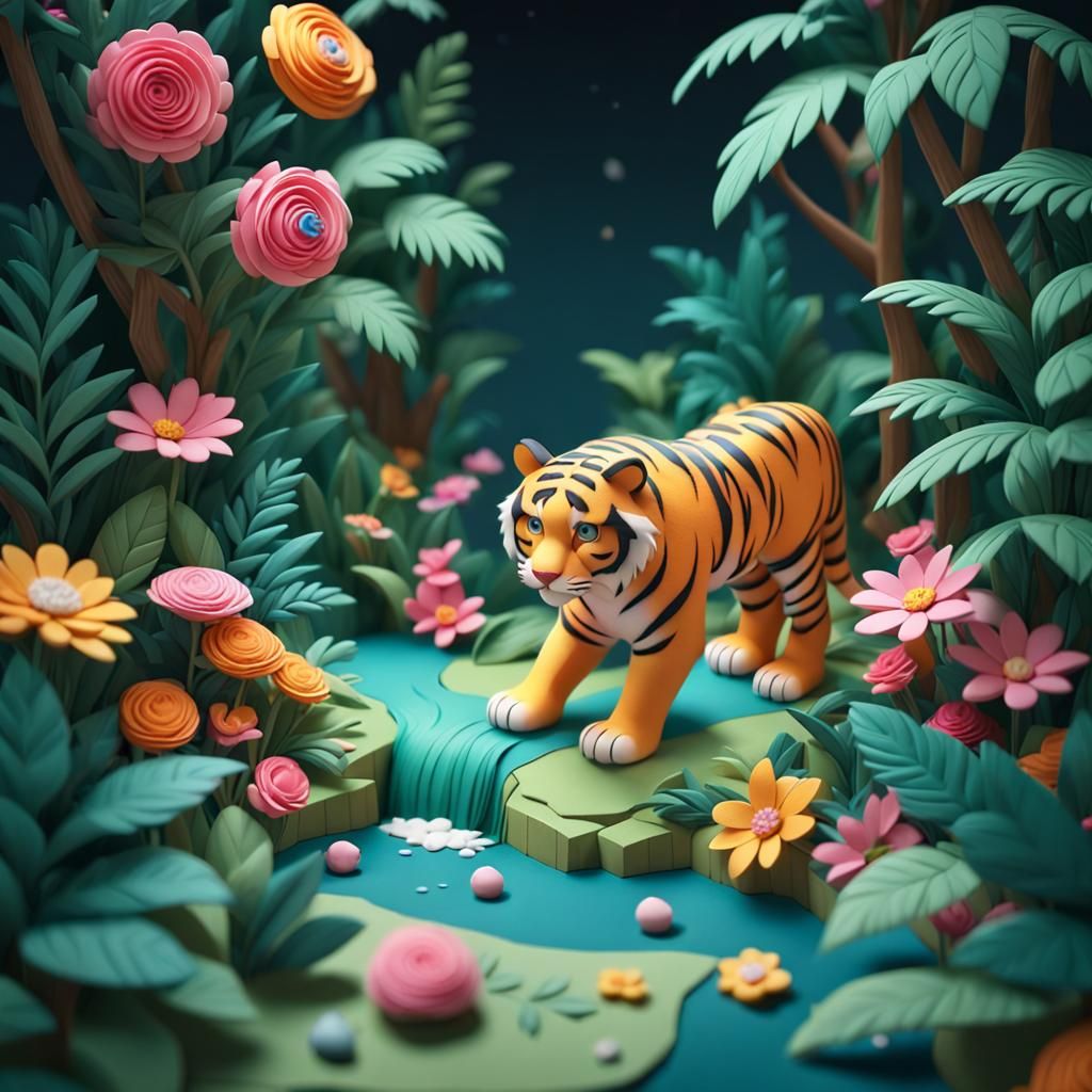 Cute 3D Sugar Paper Tiger in Candy Jungle