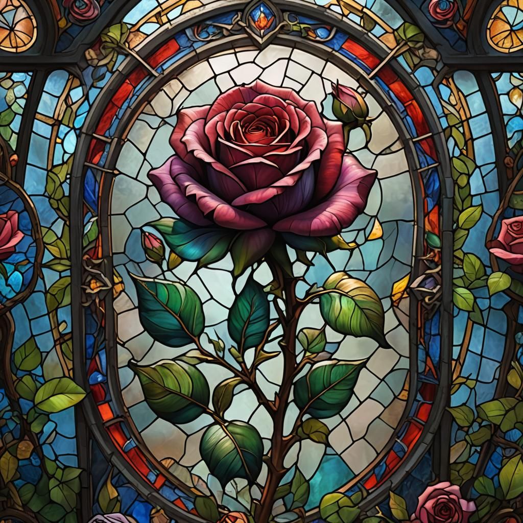 Colorful Stained Glass Rose in Fantasy Art Style