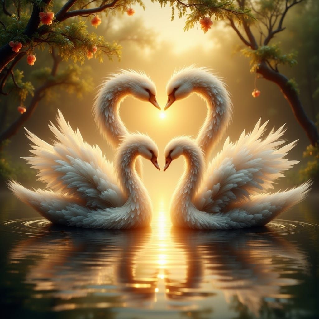Two Swans Form Glowing Heart on Sunset Lake