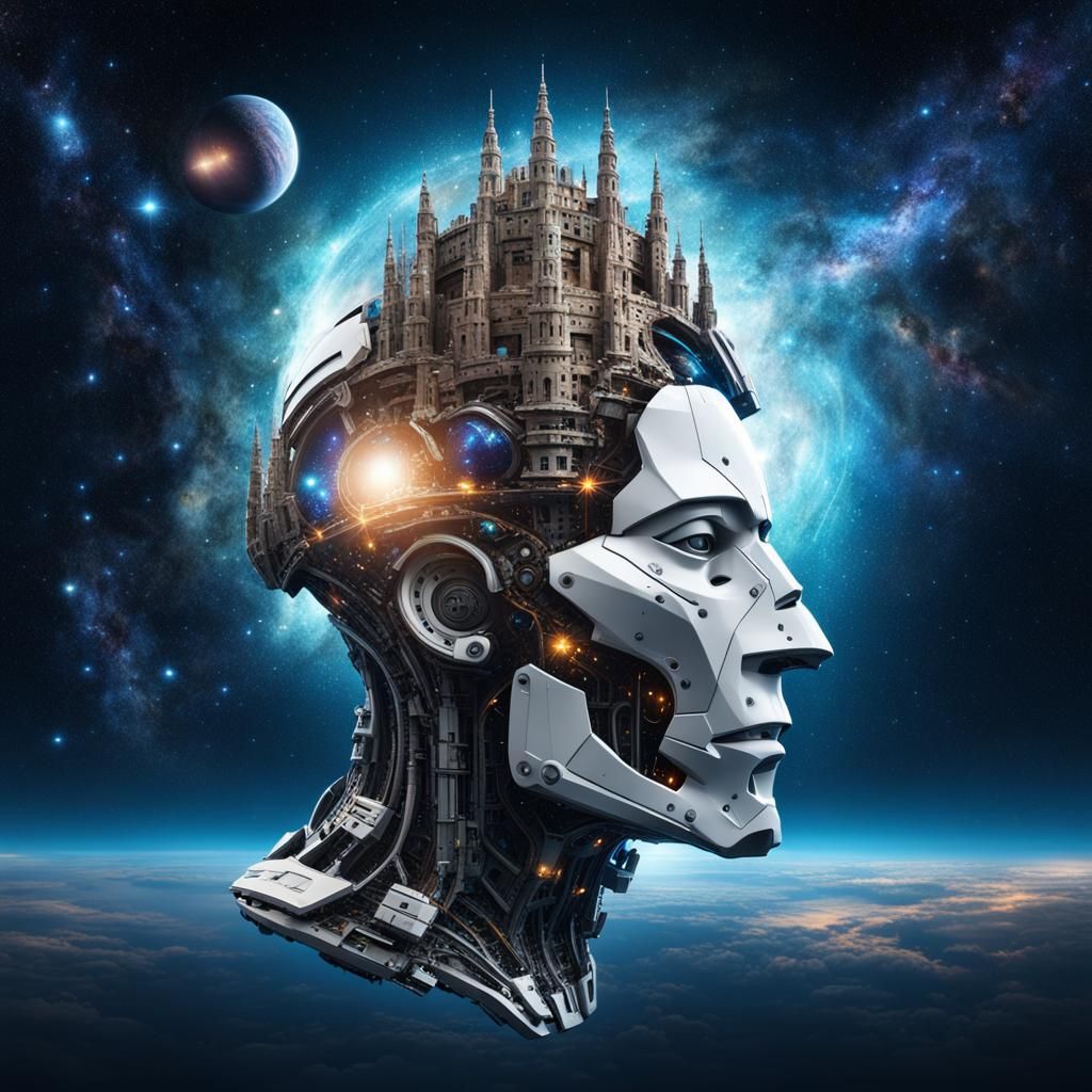 Cyborg Head Housing Civilization in Space