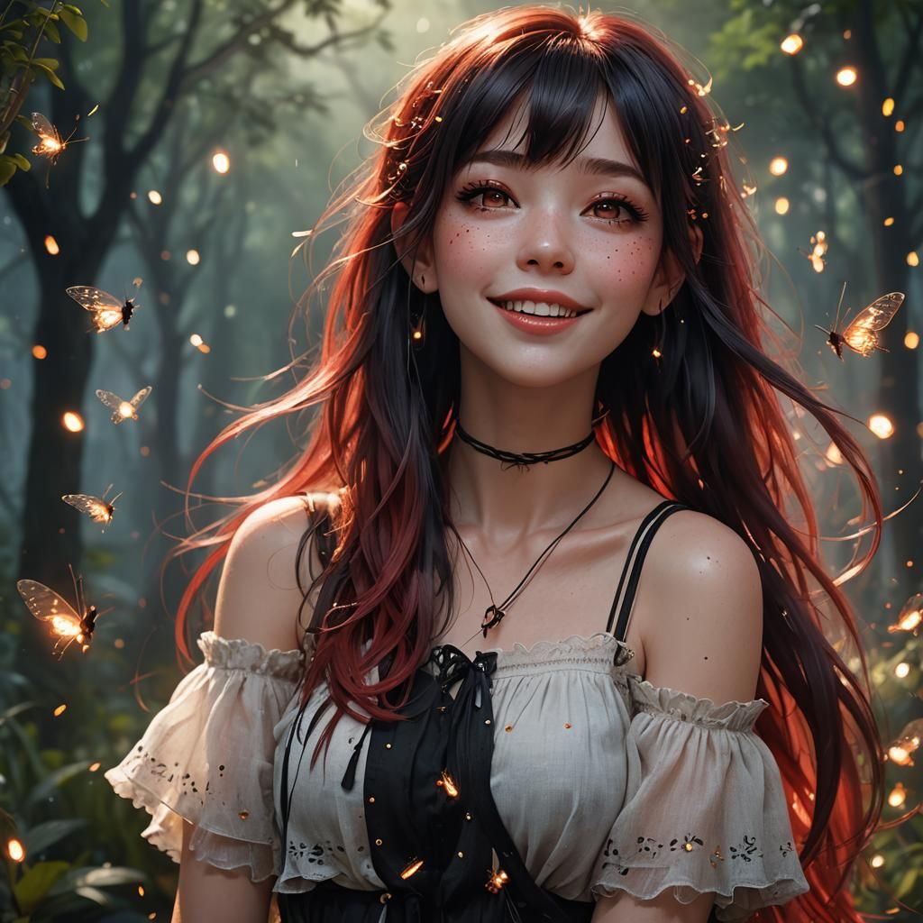 Ethereal Girl with Fireflies: Detailed 3D Art