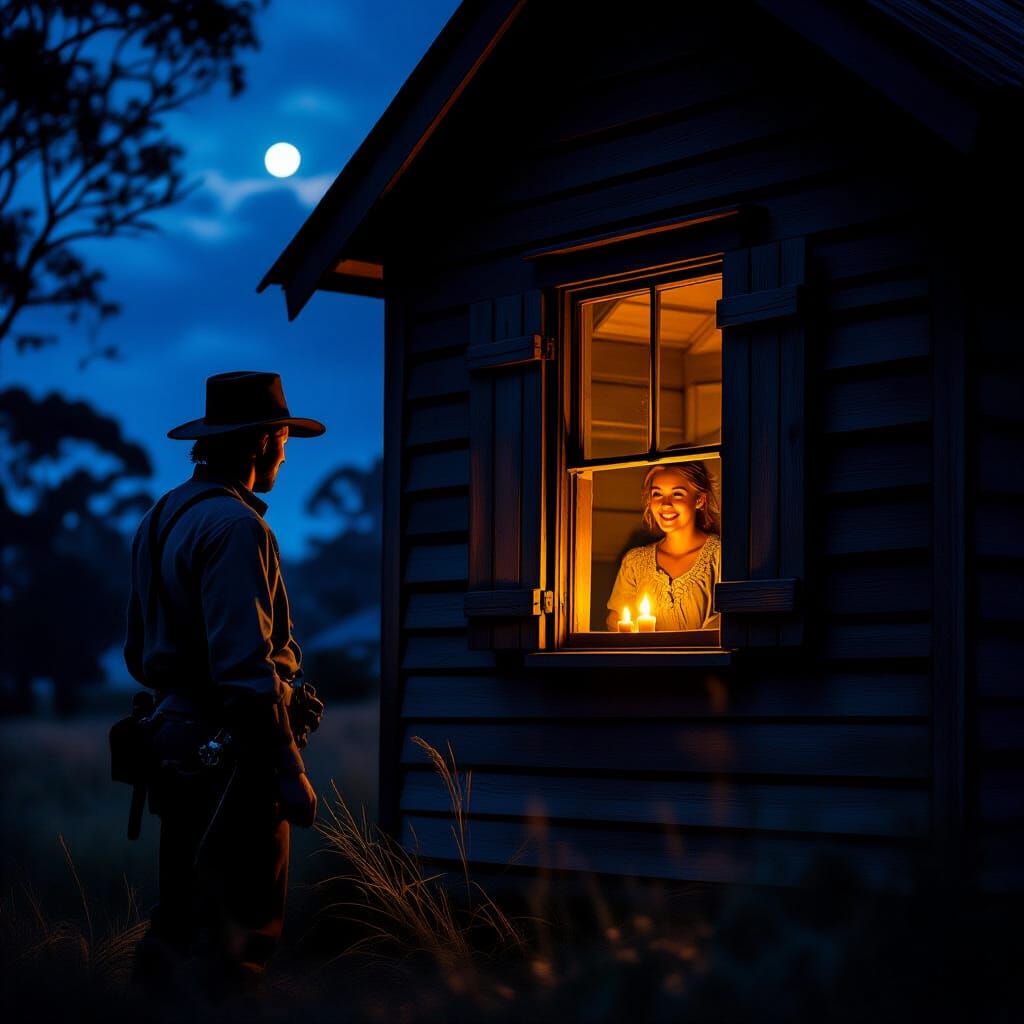 Bushranger's Return to Settler Cabin at Night