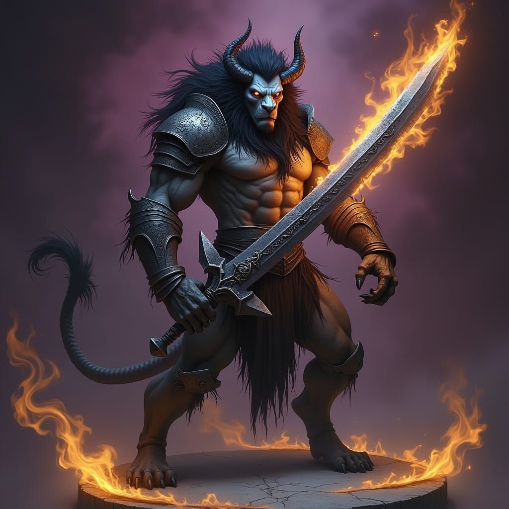 Demonic Werelion Warrior with Flaming Sword