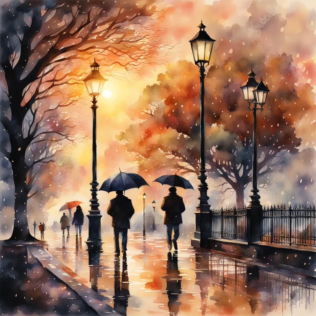 Rainy Sunset Stroll: Watercolor Park Scene