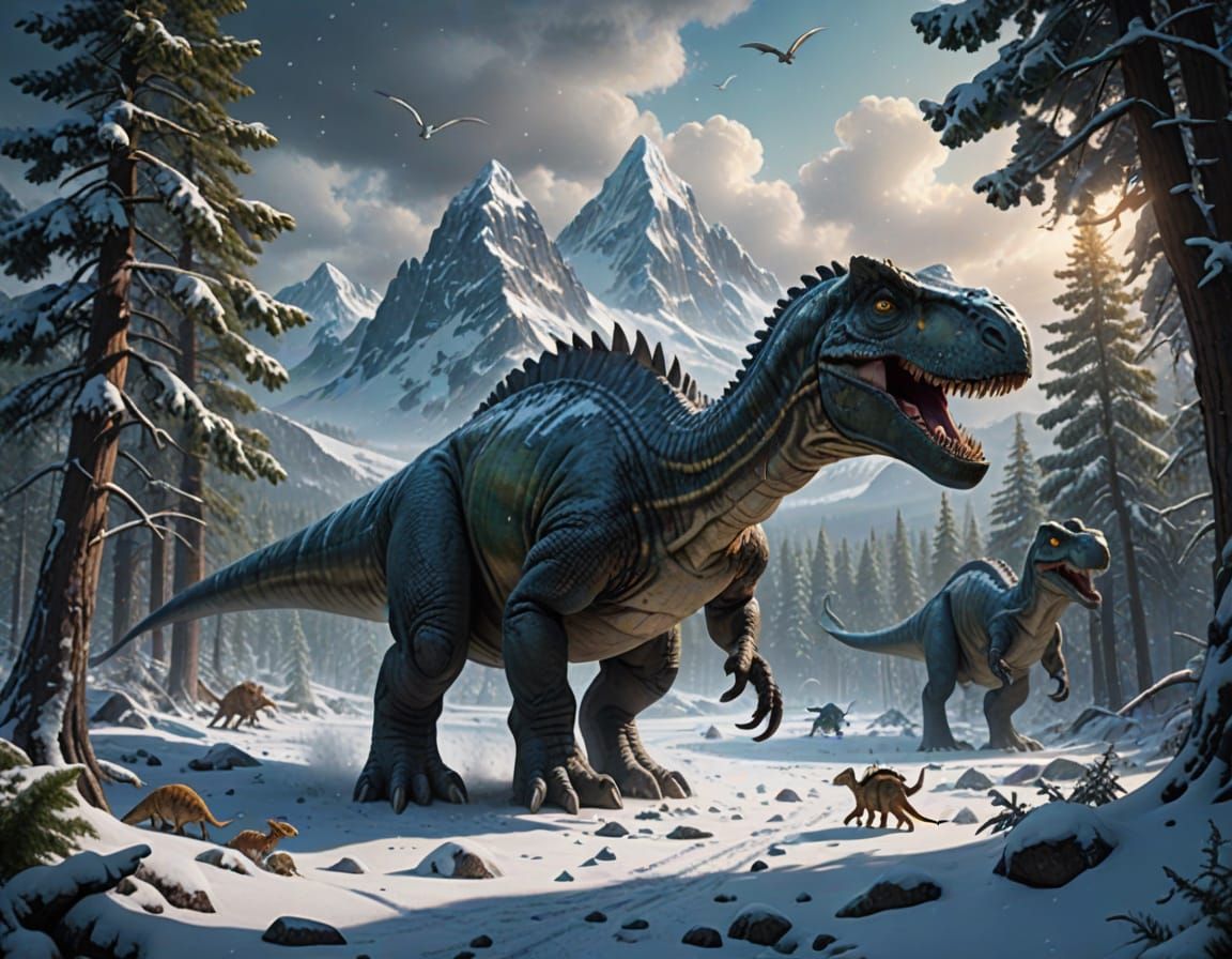 Dinosaurs Roam Majestic Snowy Landscape in Fantasy Art