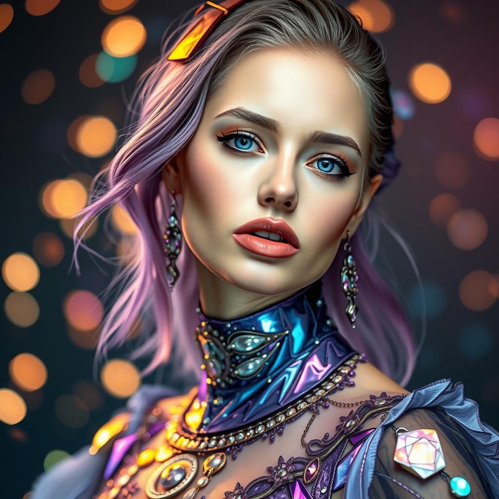 Futuristic Woman in Labradorite Metal Dress