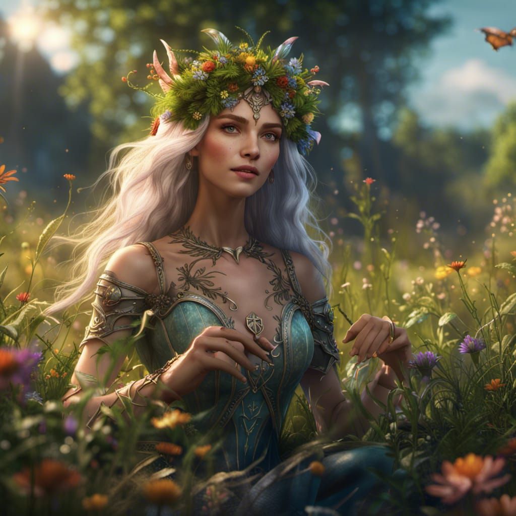 Elven Fairy in Meadow: Fantasy Concept Art