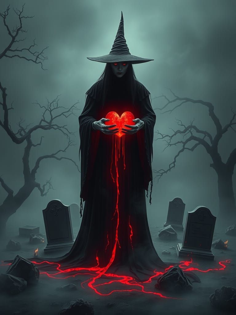 A dark fantasy scene set in a fog-shrouded graveyard. At the...