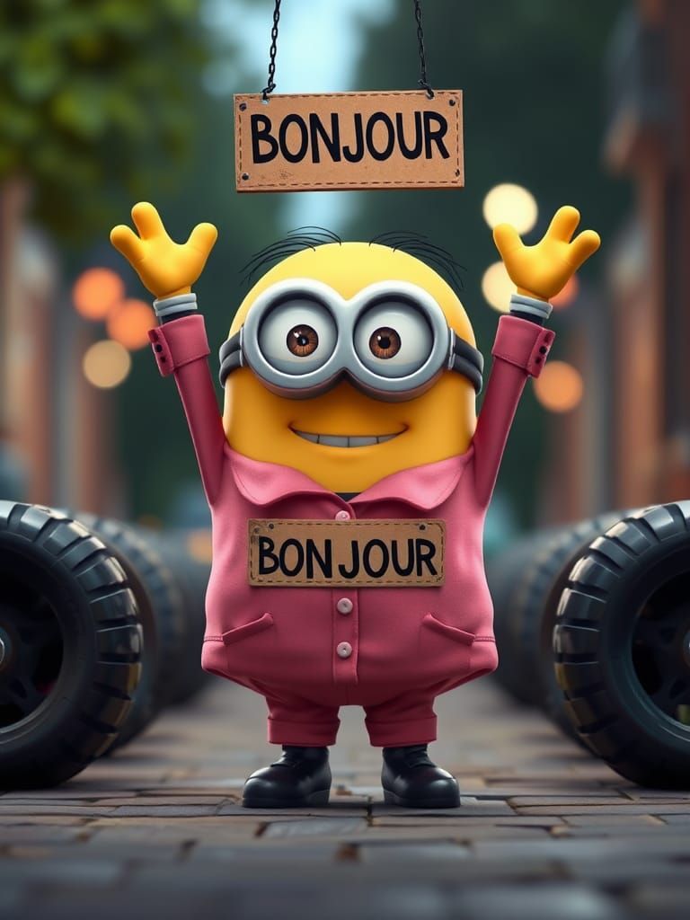 Minion in Pink Pajamas Saying Bonjour