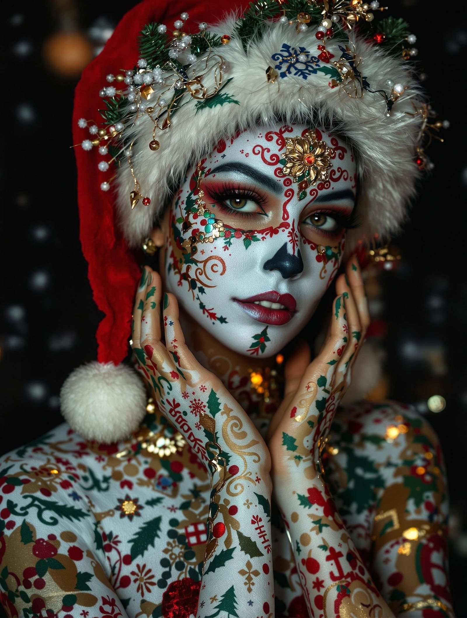 Christmas Goddess: A Vibrant Full Body Paint in Hyperrealist...