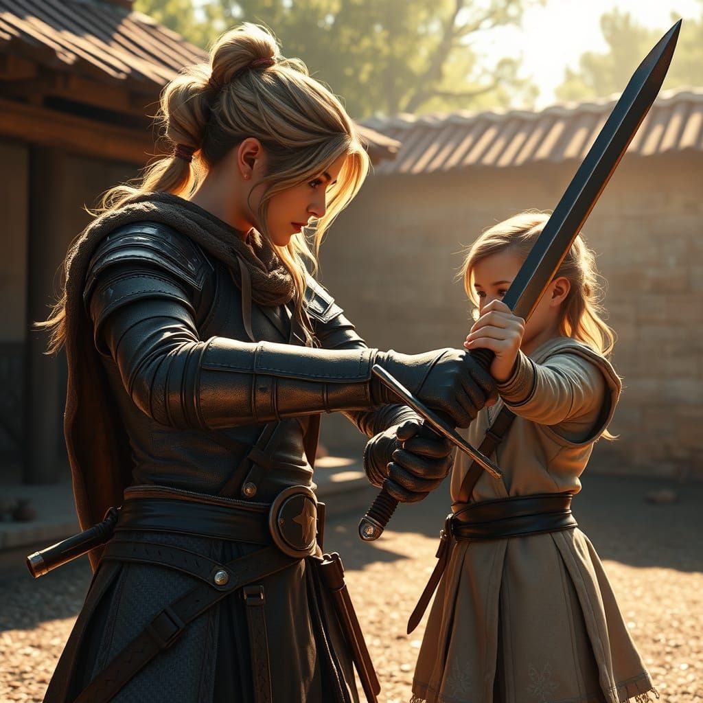 Mother and Daughter in a Sun-Drenched Training Yard, in a Vi...