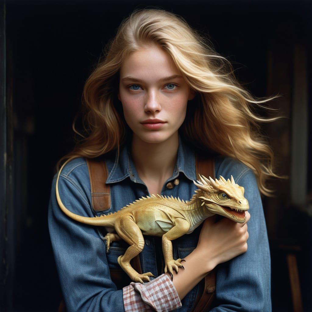 Gentle Teen Girl Tenders a Baby Dragon with Fierce Intensity