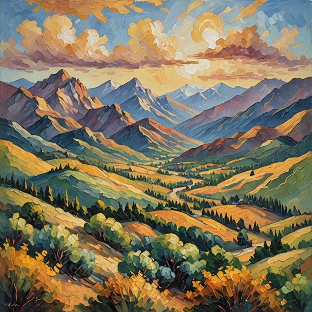 Mountain Tops in Morning Light as Impasto Painting