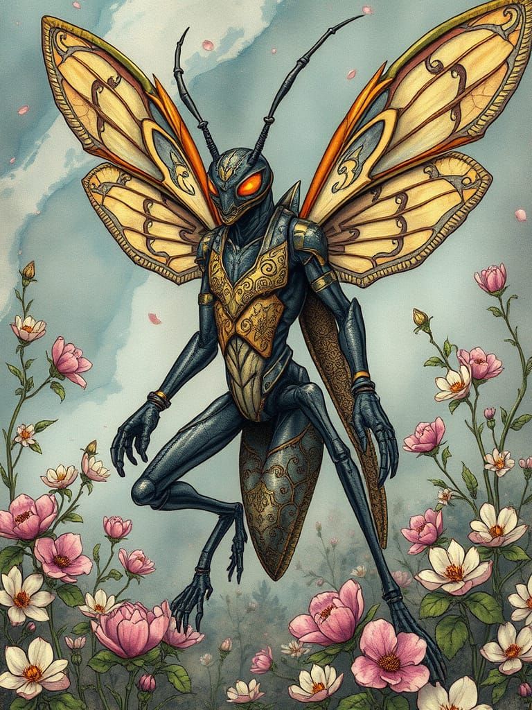 Majestic Insectoid Hybrid Creature in Dreamy Landscape