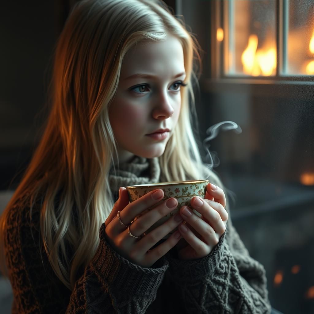 Girl with Tea by Fireplace in Dreamscape