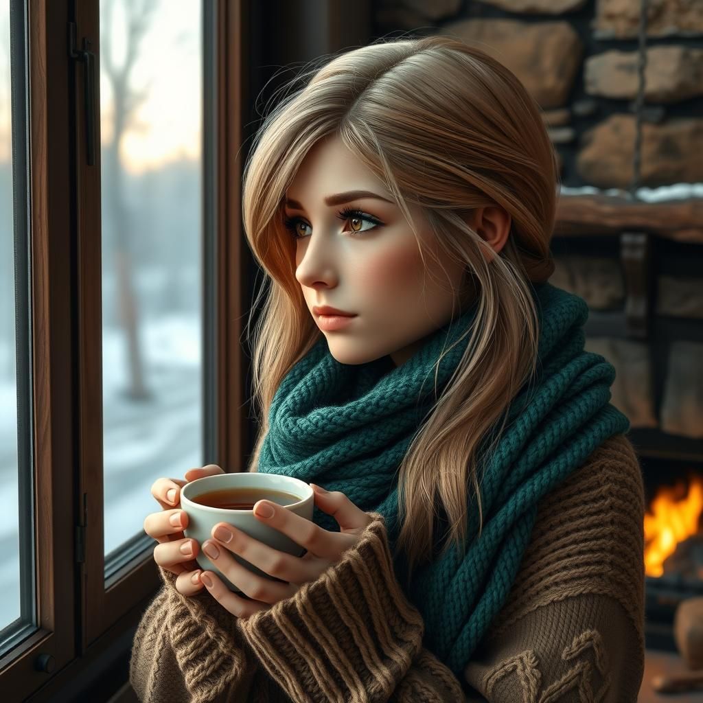 Girl with Tea by Fireplace in Fantasy Style