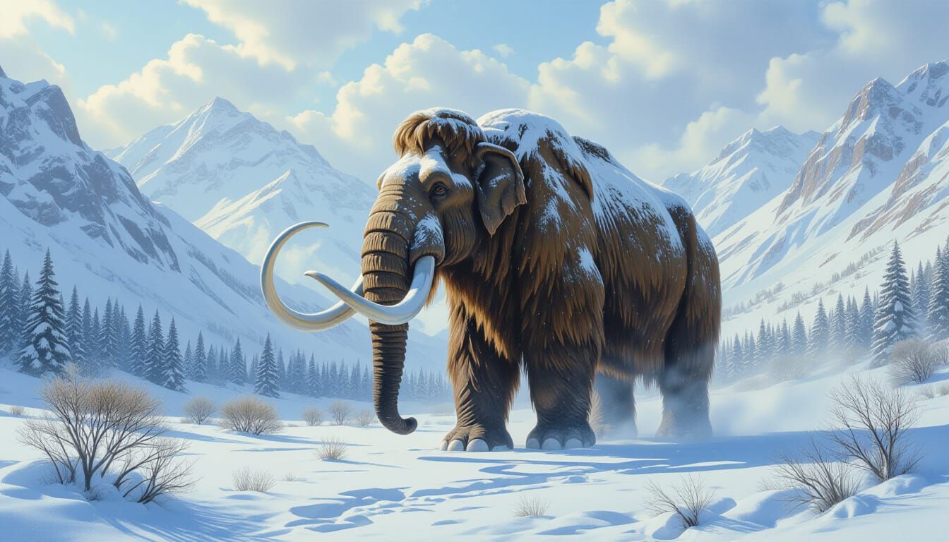 Woolly Mammoth in Snowy Valley, Pastel Wash Style