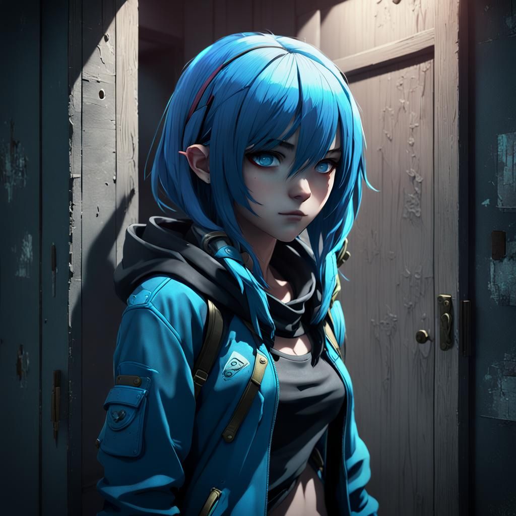 Blue-Haired Assassin Hiding in Shadows: Anime Art