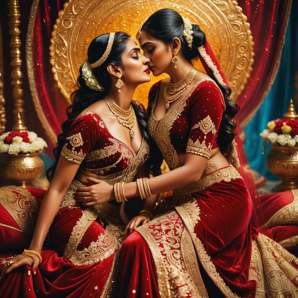 Opulent Indian Brides Kissing in Hyperrealistic Splash Art