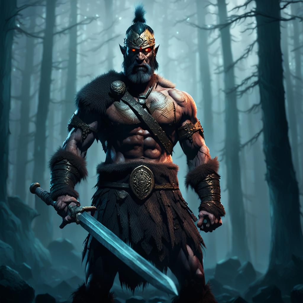 Barbarian Warrior in Misty Forest, Dark Fantasy Art