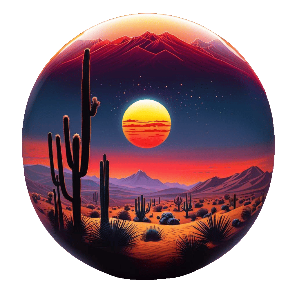 Desert Sunset in Bioluminescent Sphere, Hokusai Style