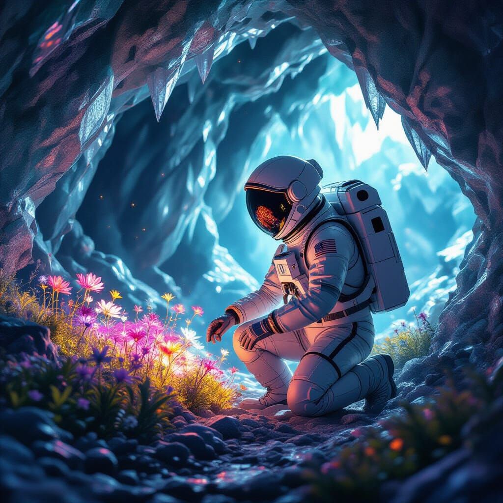 Astronaut Tends Bioluminescent Garden in Crystal Cave
