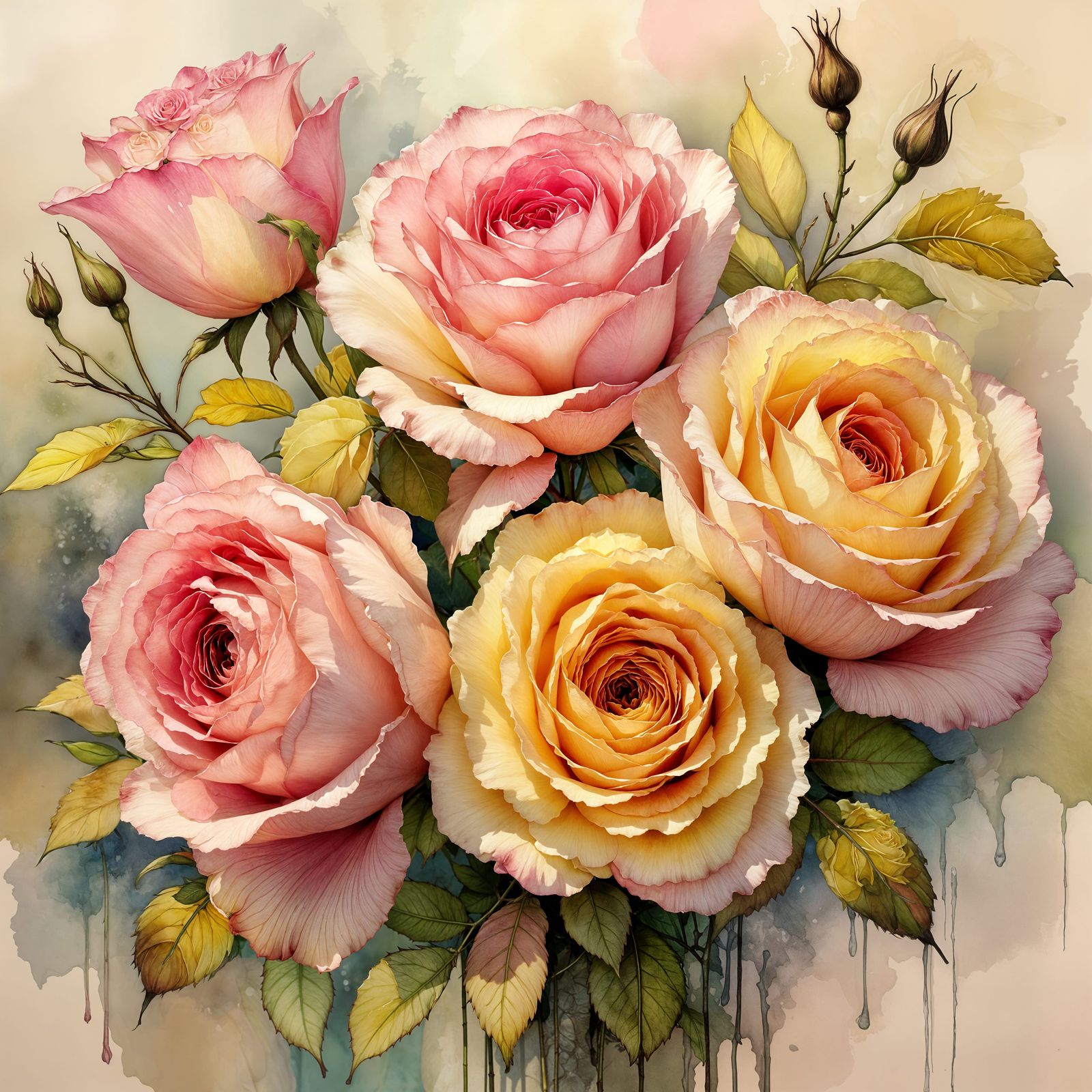 Romantic Impressionist Bouquet of Pink and Yellow Roses