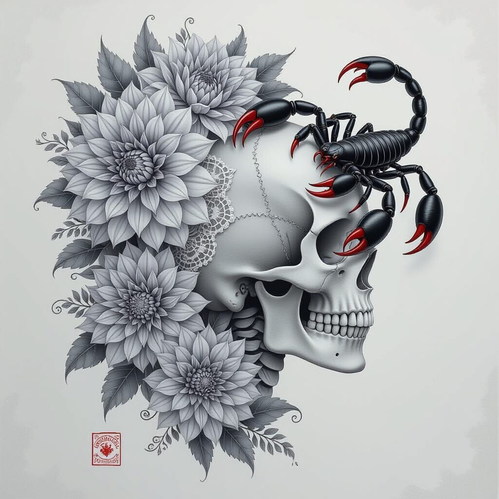 A greyscale colored pencil sketch depicting a human skull in...