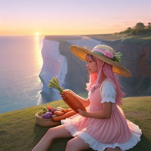 Pastel Rabbit in Hat Watching Sunset