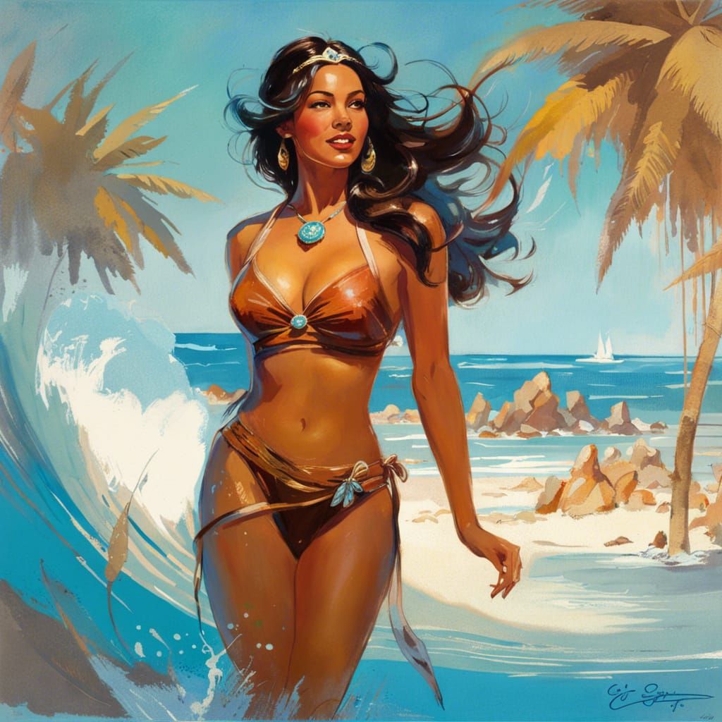 Pocahontas at the Beach, Pin-Up Style Illustration