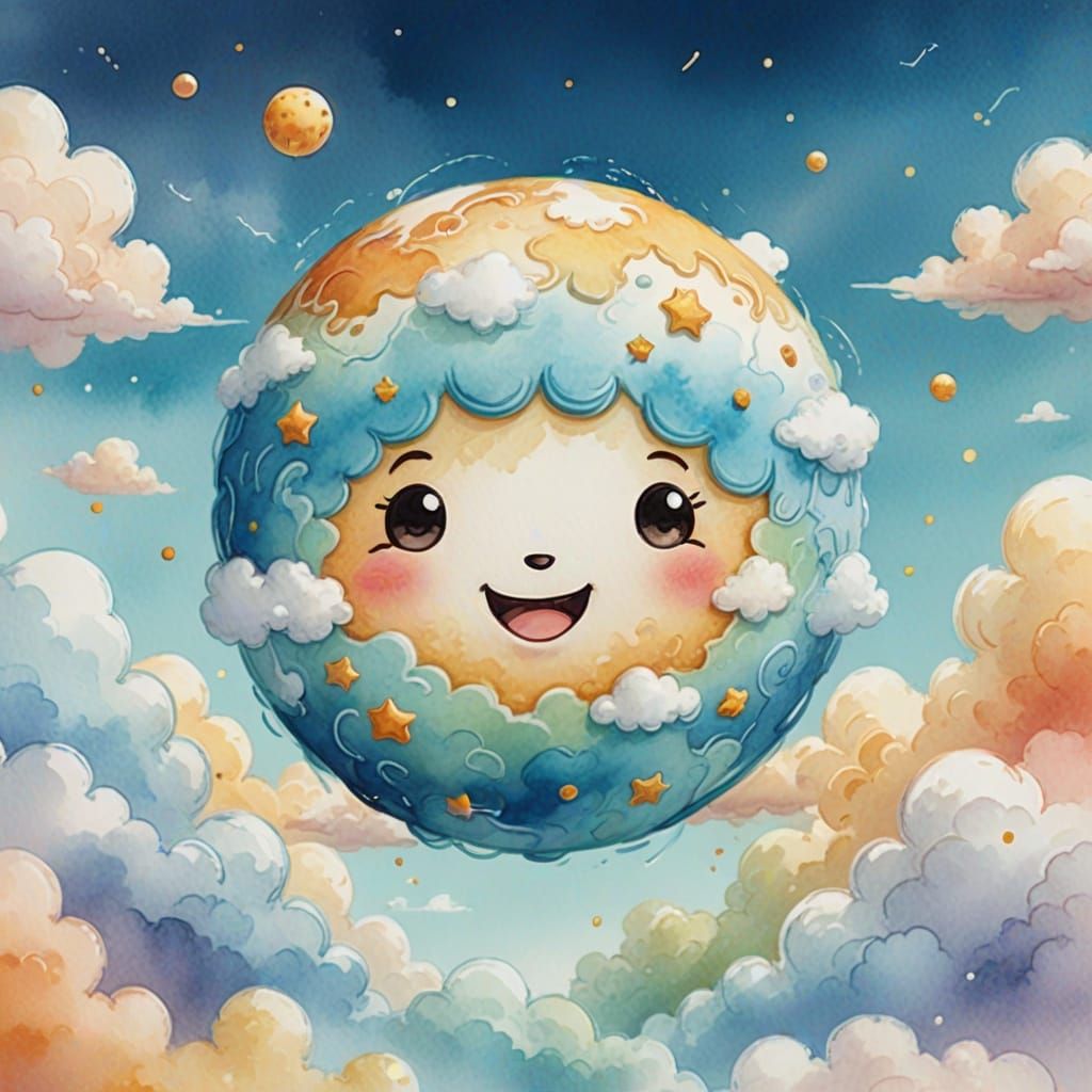 Kawaii Planet Earth in Watercolor Style
