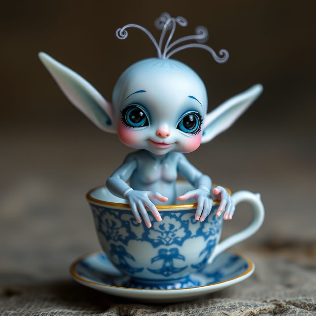 Aether Elf in Teacup with Glowing Opal Colors