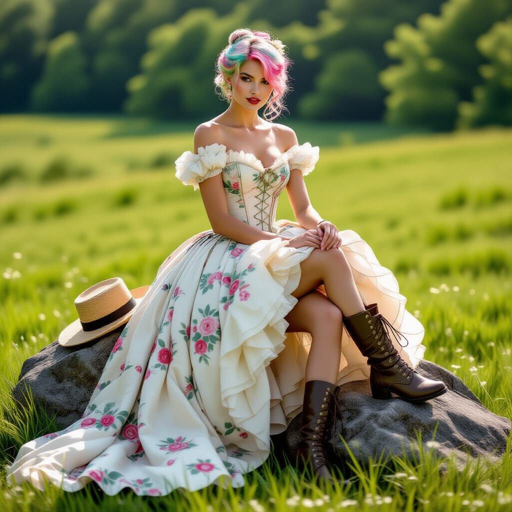 Woman in Ball Gown Ties Combat Boot, Art Nouveau