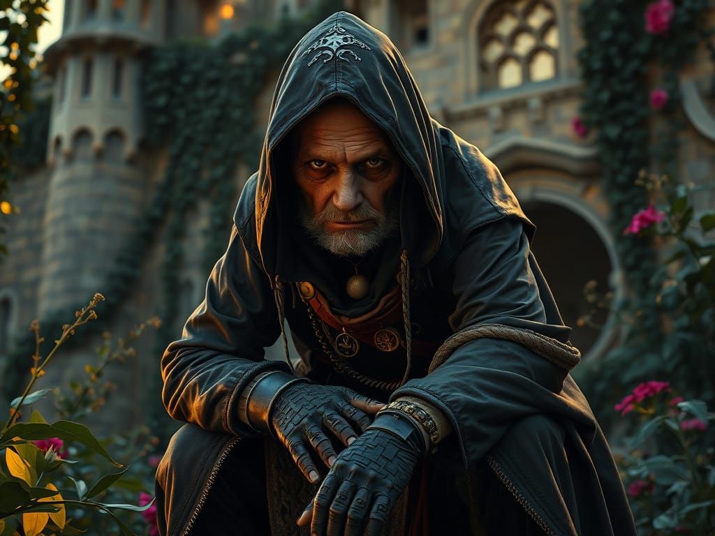 Glossy Medieval Woman in Dramatic Crouching Pose