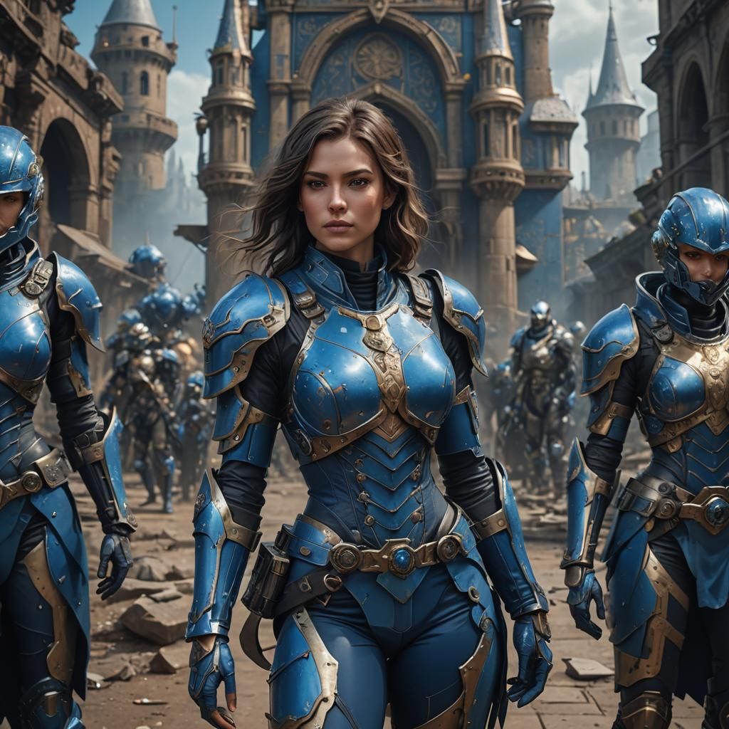 Woman in Blue Armor: Detailed Matte Painting