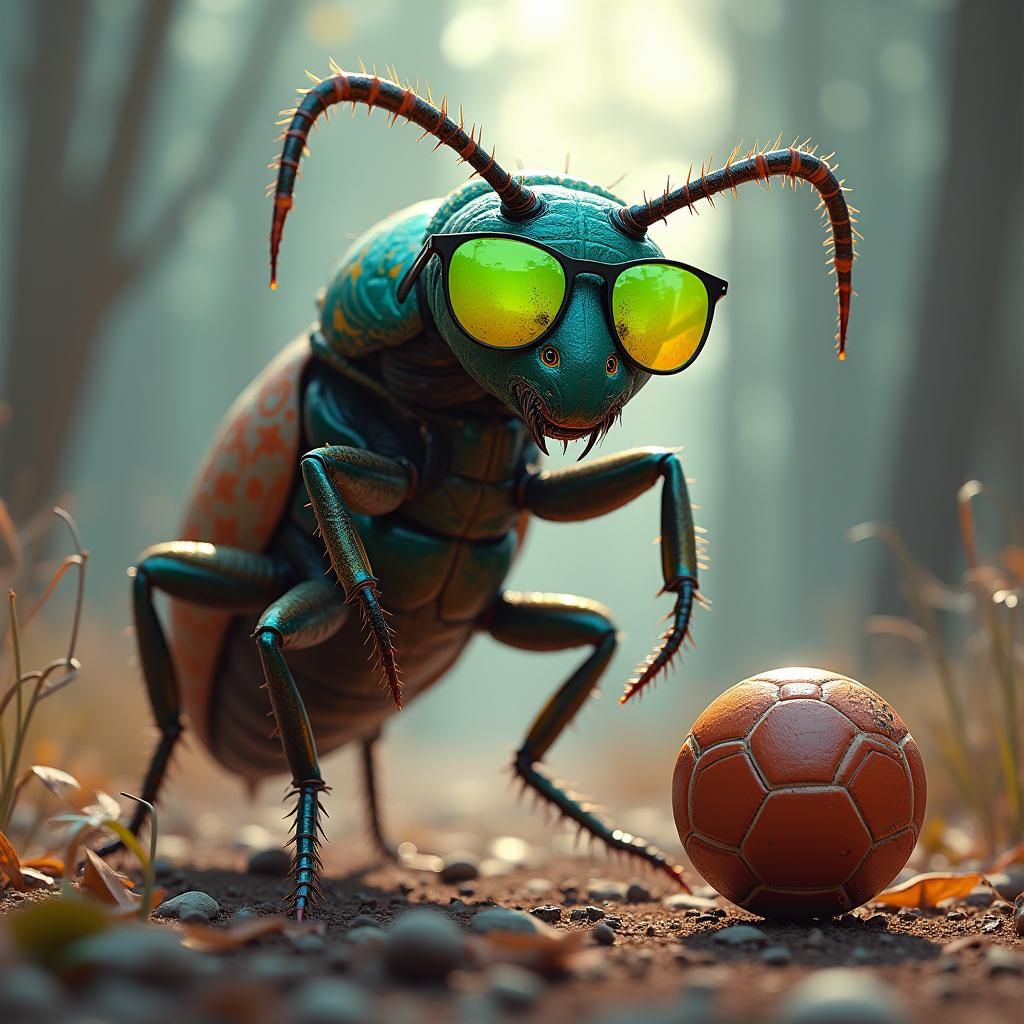 Giant Termite Kicking Football in Dreamlike Realm